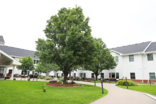 The Heritage at College View outdoor assisted living courtyard with large tree