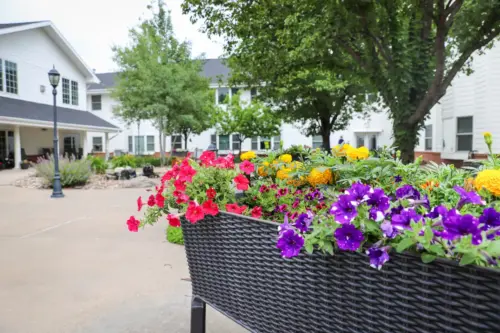 The Heritage at College View raised flower beds in secure courtyard