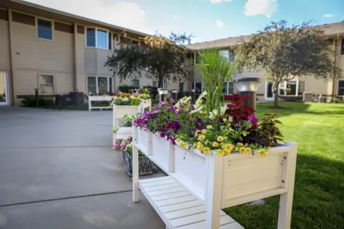 The Heritage at Meridian Gardens raised garden beds in secure outdoor courtyard