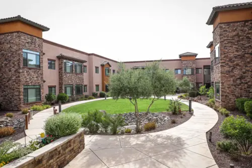 Orchard Pointe at Arrowhead assisted living secure courtyard and walking path